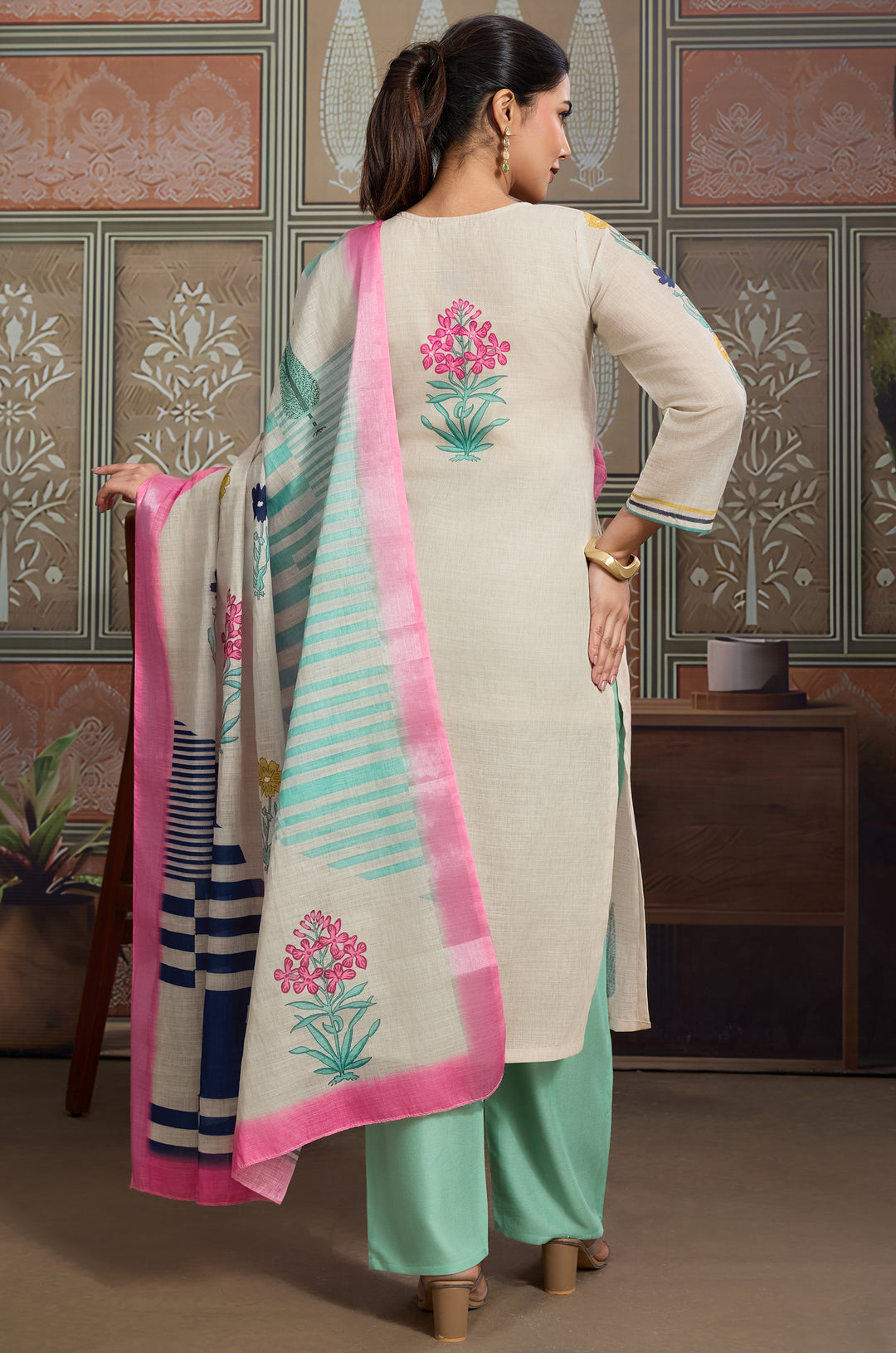Floral Pop Linen Cotton Women Suit Set with Digital Print Dupatta