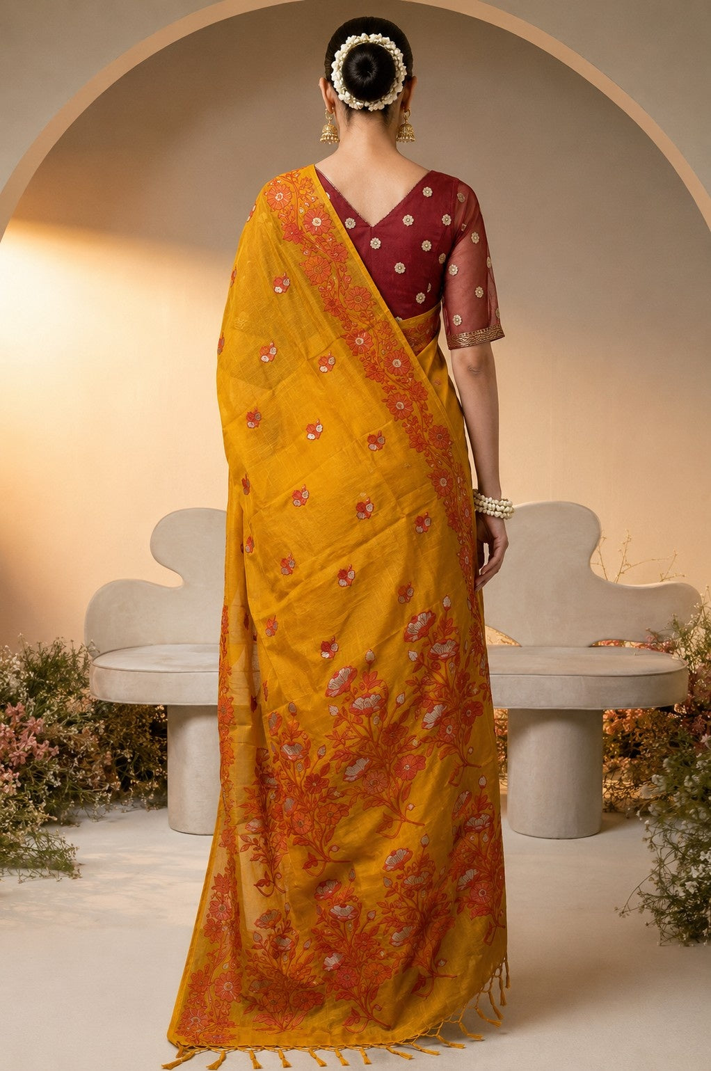 Bright Yellow Woven Jamdhani Cotton Saree | Madhuban Collection