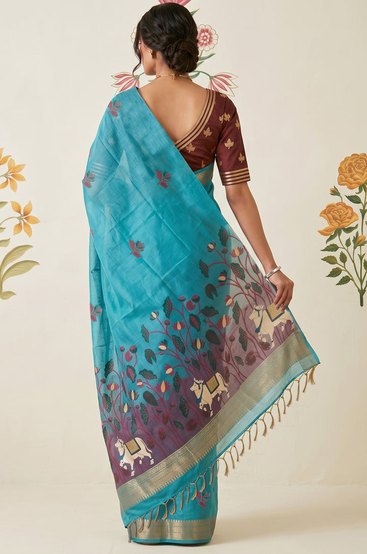 Blue Woven Jamdhani Cotton Saree | Braj Collection