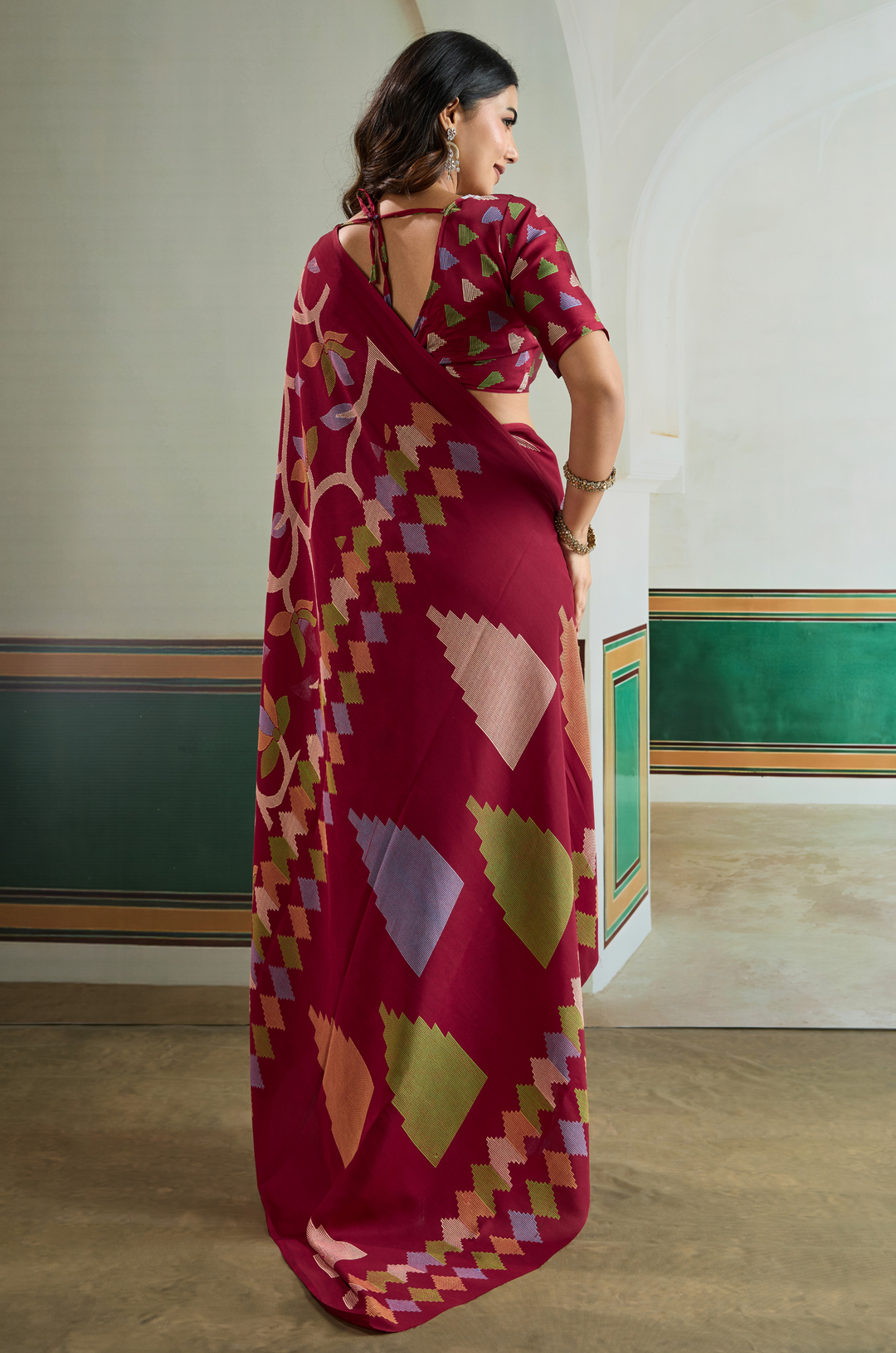 Maroon Vibrant Luxe Digital Ajrakh Print Saree