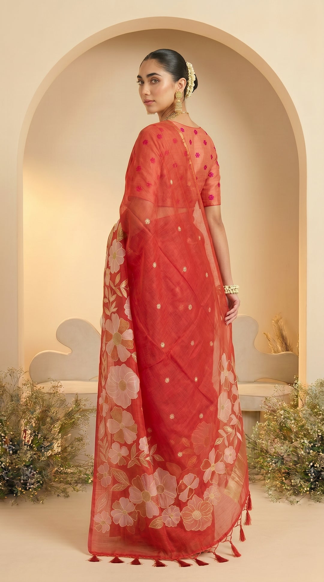 Red Woven Jamdhani Cotton Saree | Madhuban Collection