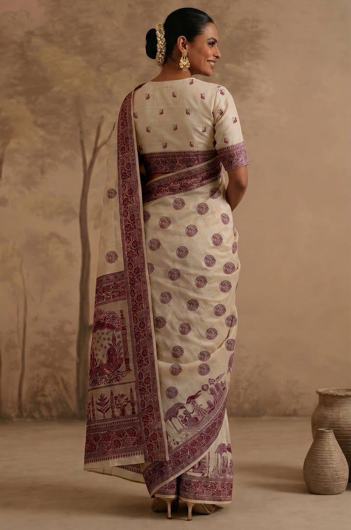 Wine Woven Jamdhani Cotton Saree | Sutra Collection