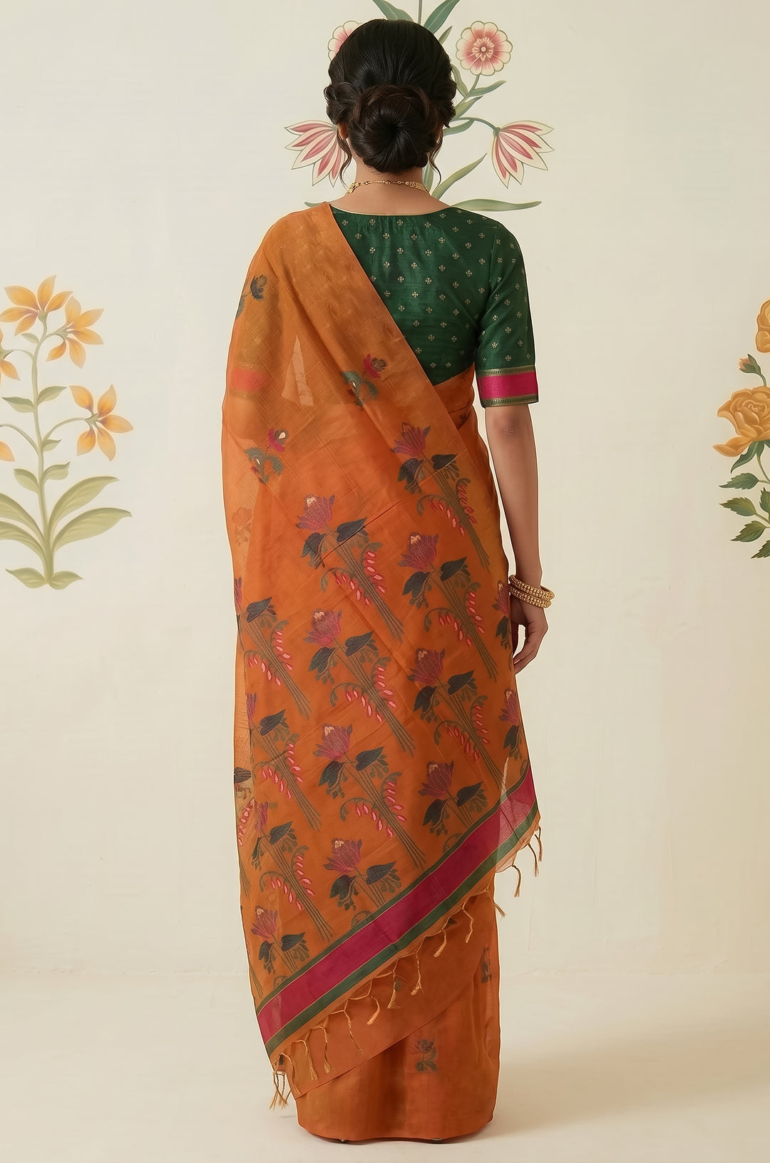 Tangerine Woven Jamdhani Cotton Saree | Braj Collection