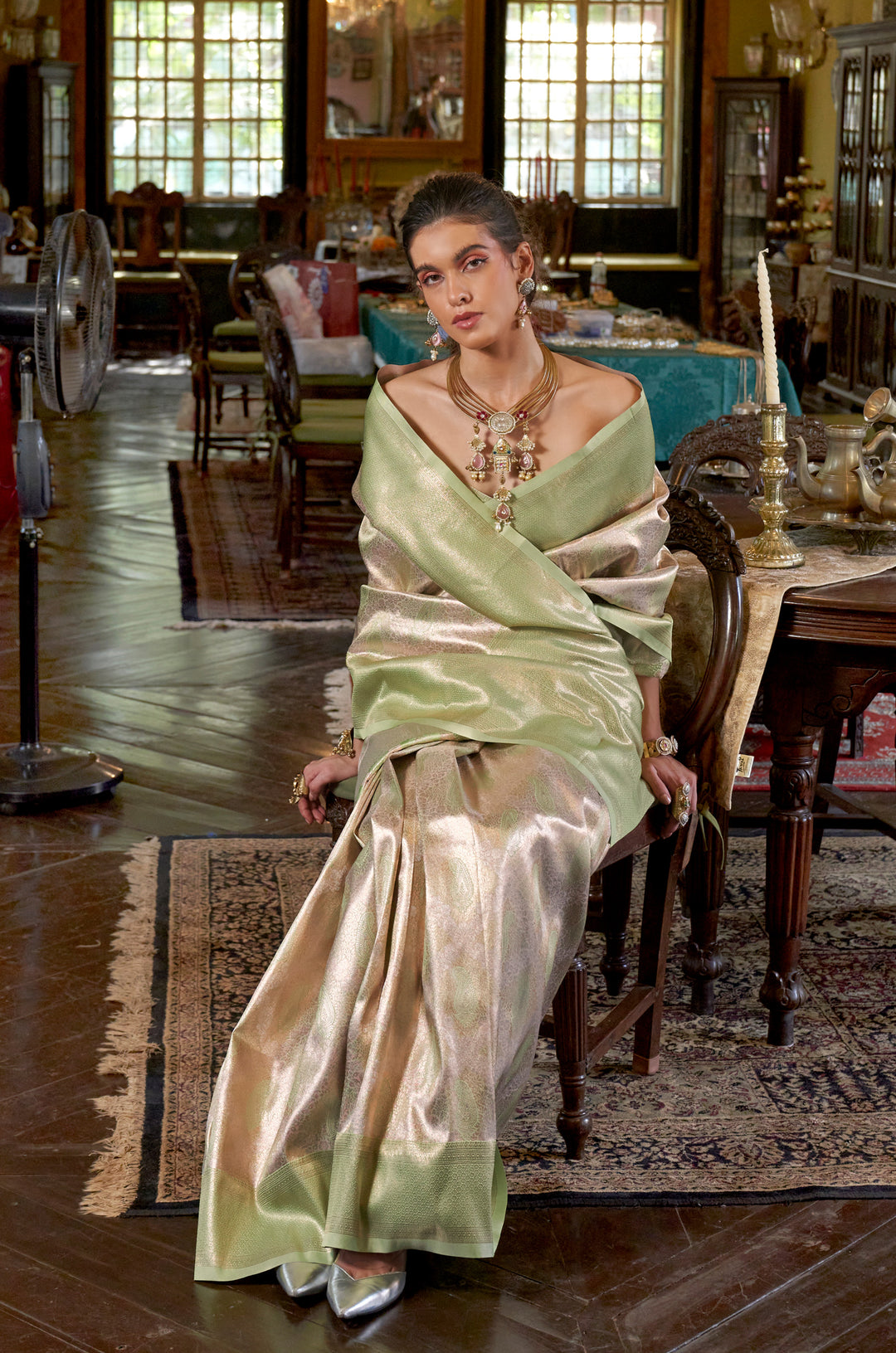 Green Aura Sage Kanjivaram Woven Silk Saree