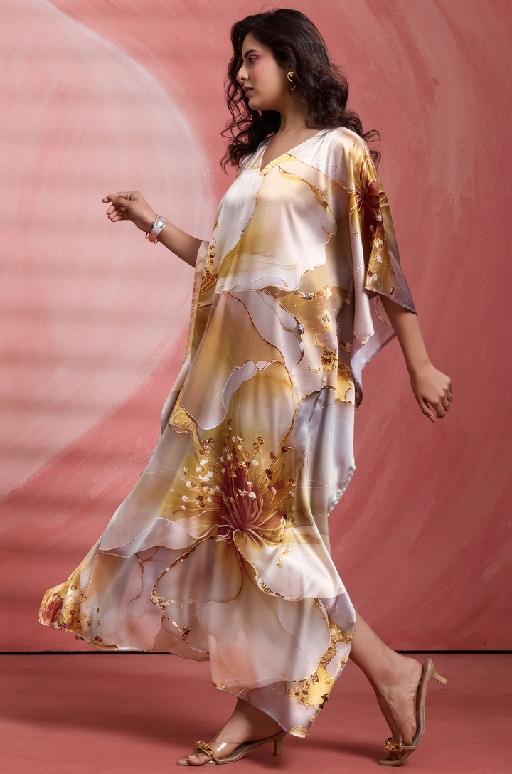 Muted Amber Satin Kaftan - Free Size M-3XL | Label Aarna