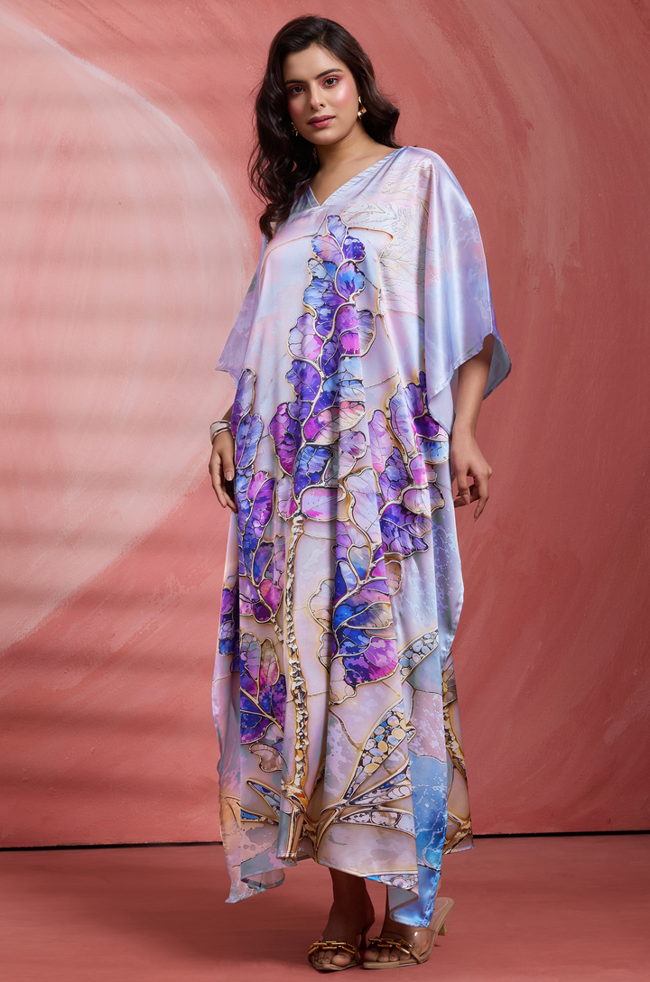 Leaf Vein Long Satin Kaftan Dress - Buy Women Kaftan Online India | Label Aarna