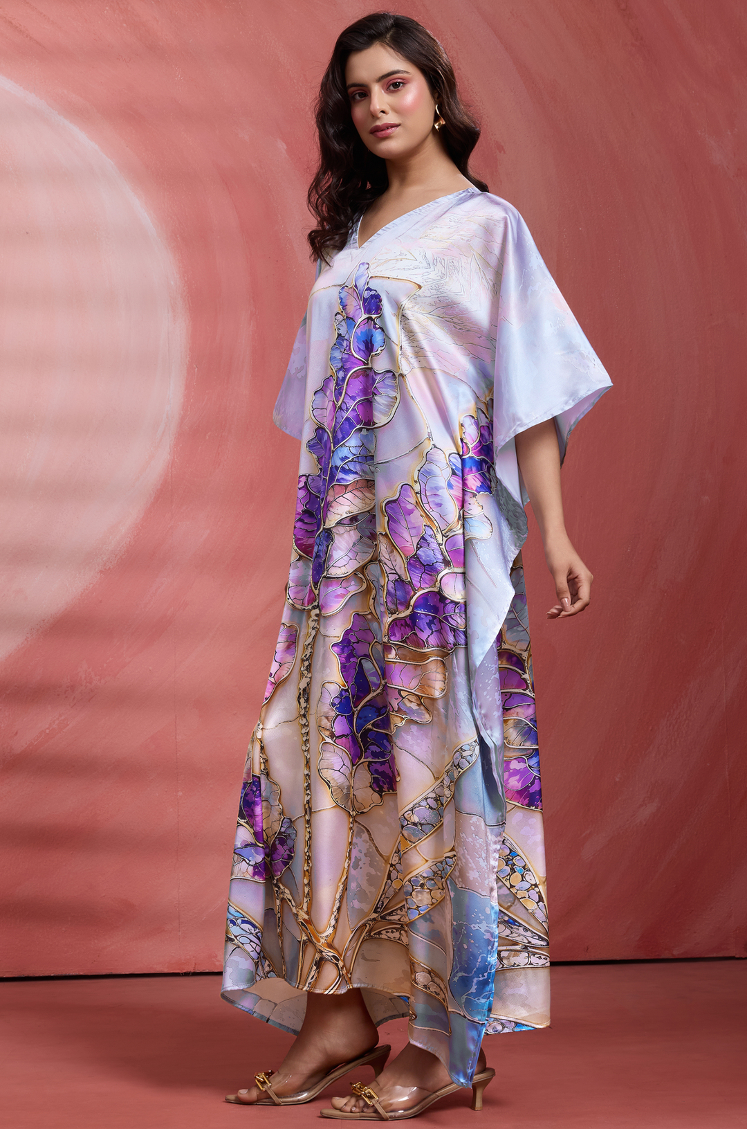 Leaf Vein Satin Kaftan - Free Size M-3XL | Label Aarna
