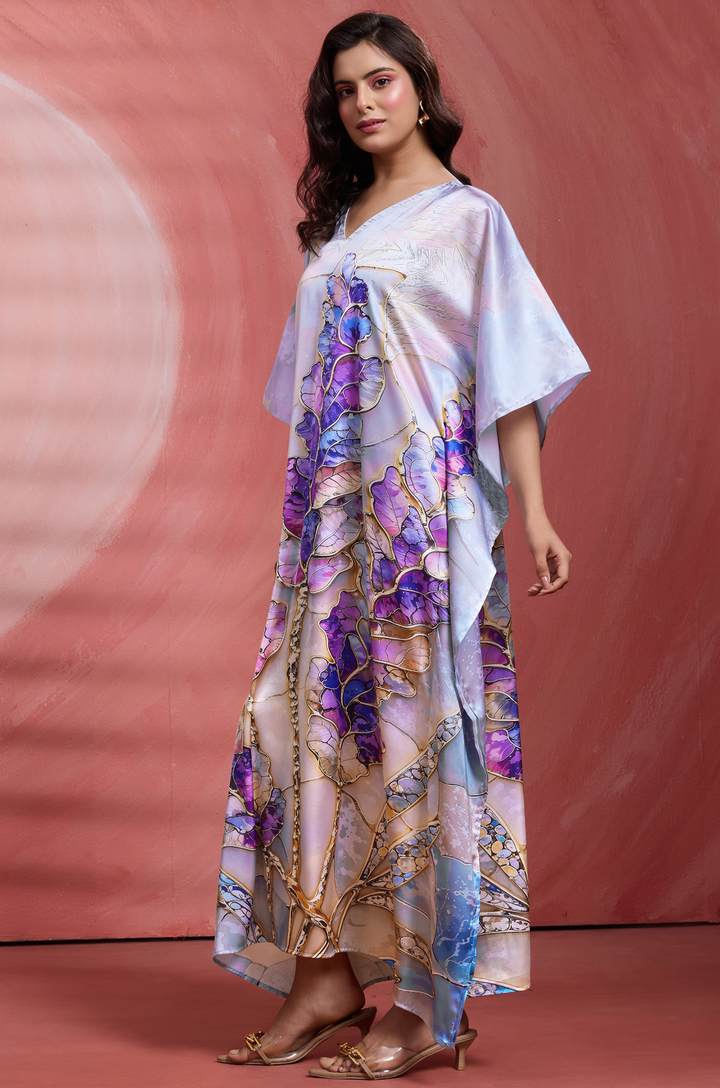 Leaf Vein Satin Kaftan - Free Size M-3XL | Label Aarna