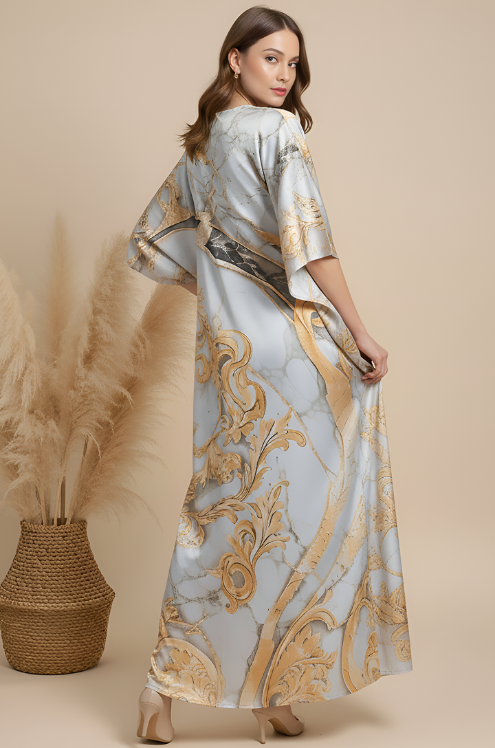 Golden Ornate Soft Satin Women Kaftan Dress with Digital Print