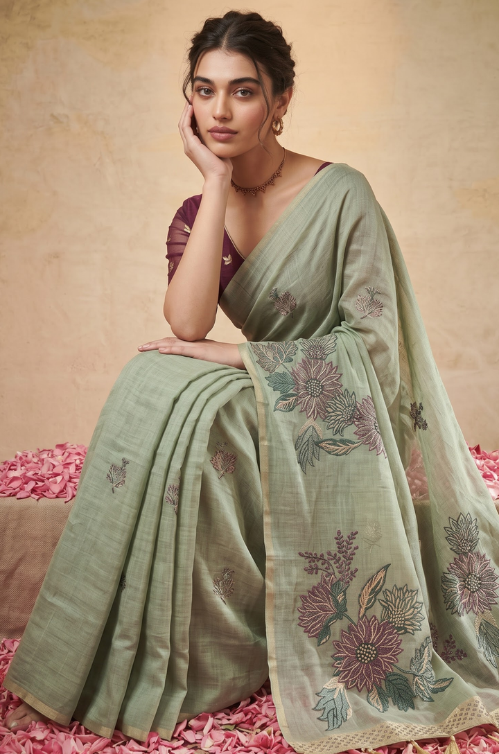 Mint Green Woven Jamdhani Cotton Saree | Gulnaar Collection