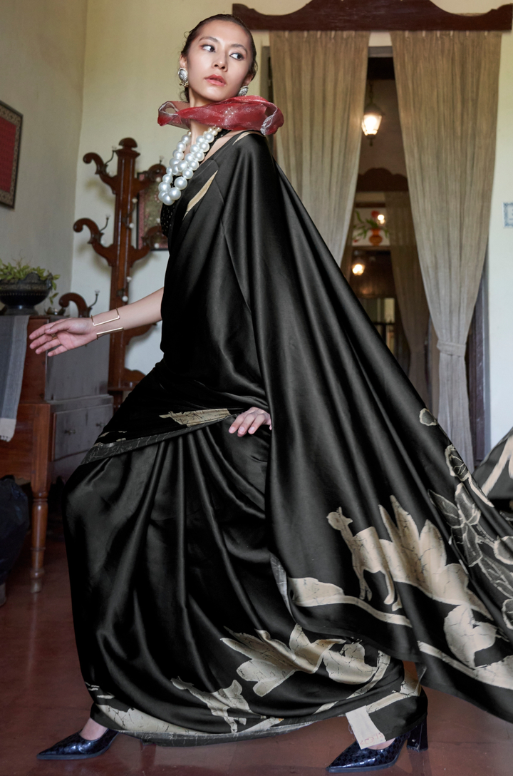 Deep Black Linear Muse Digital Print Modal Satin Saree