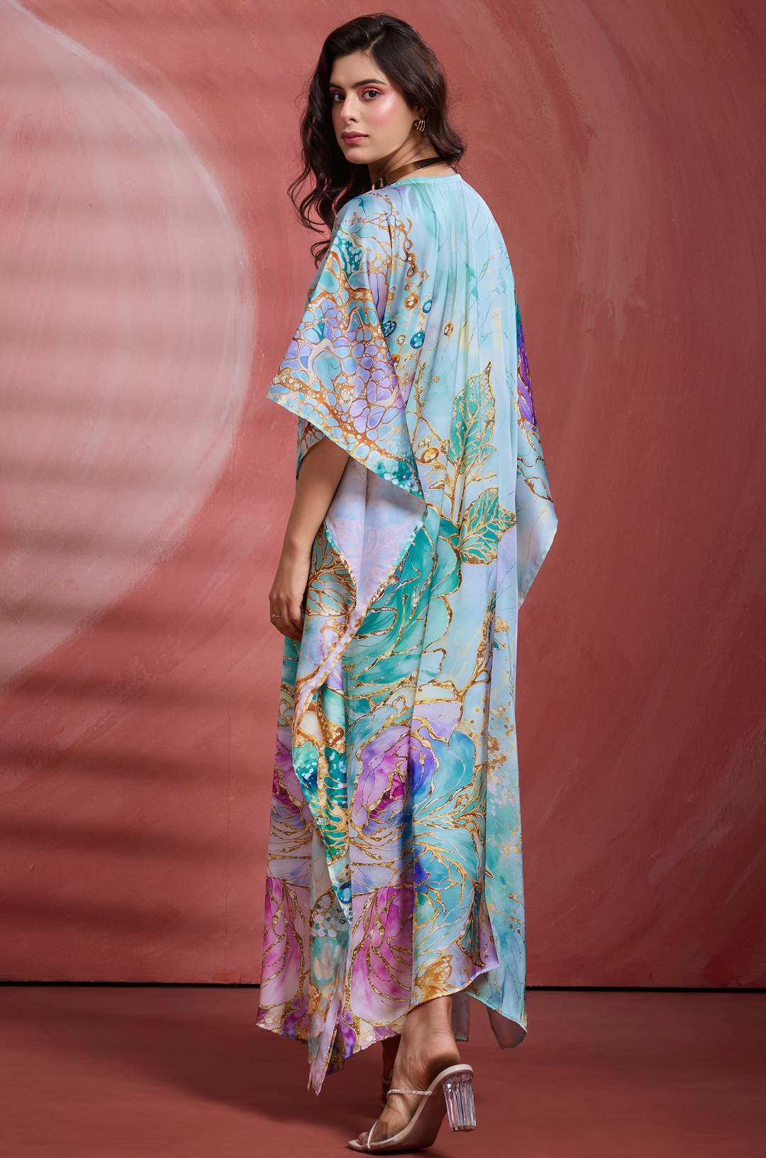 Aqua Garden Kaftan - Women's Satin Kaftan Online India | Label Aarna