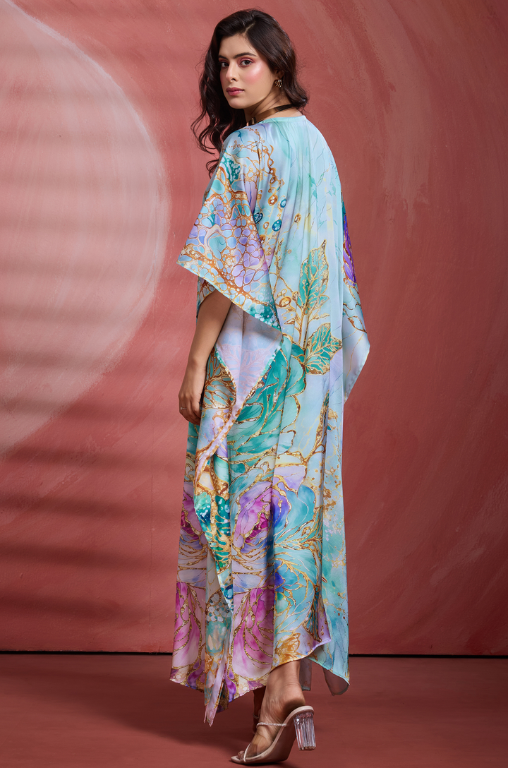 Aqua Garden Kaftan - Women's Satin Kaftan Online India | Label Aarna