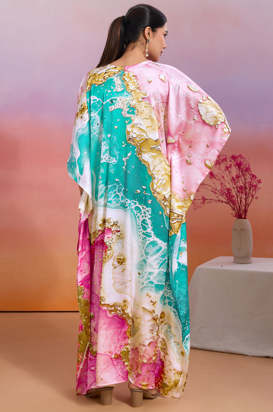 Sorbet Shell Soft Satin Women Kaftan Dress with Digital Print