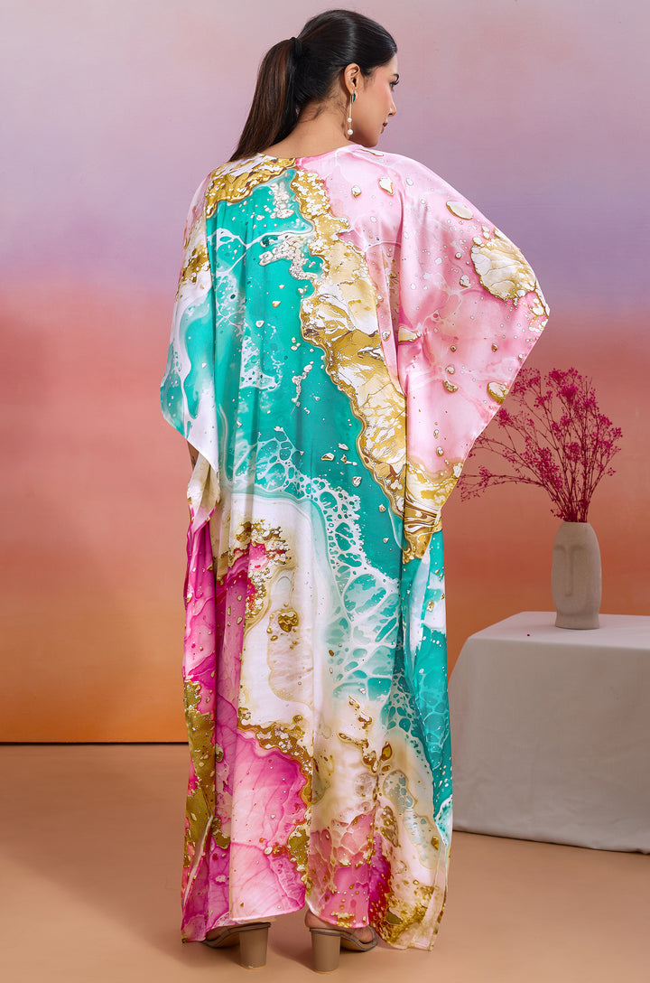 Sorbet Shell Soft Satin Women Kaftan Dress with Digital Print