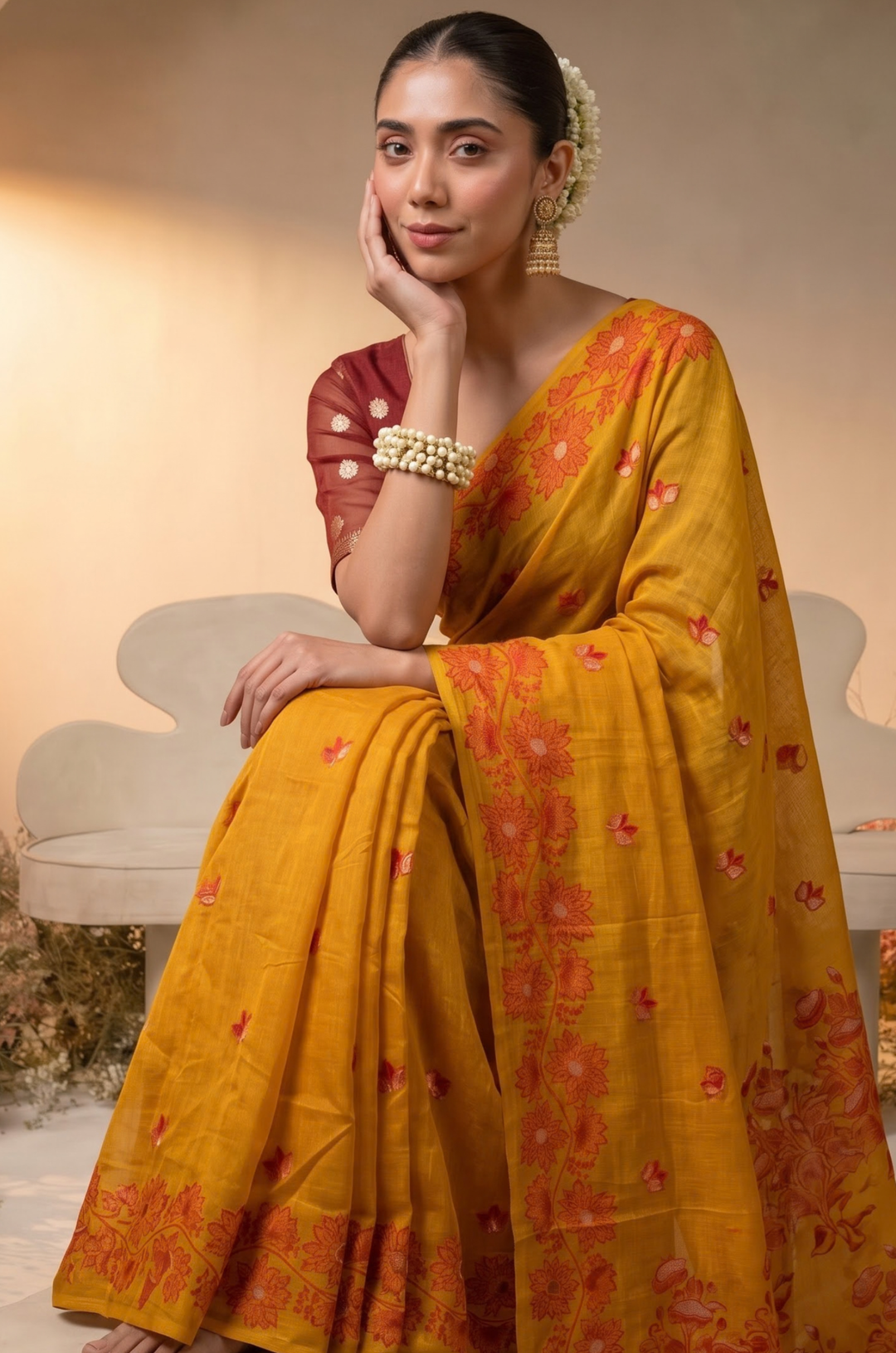 Bright Yellow Woven Jamdhani Cotton Saree | Madhuban Collection