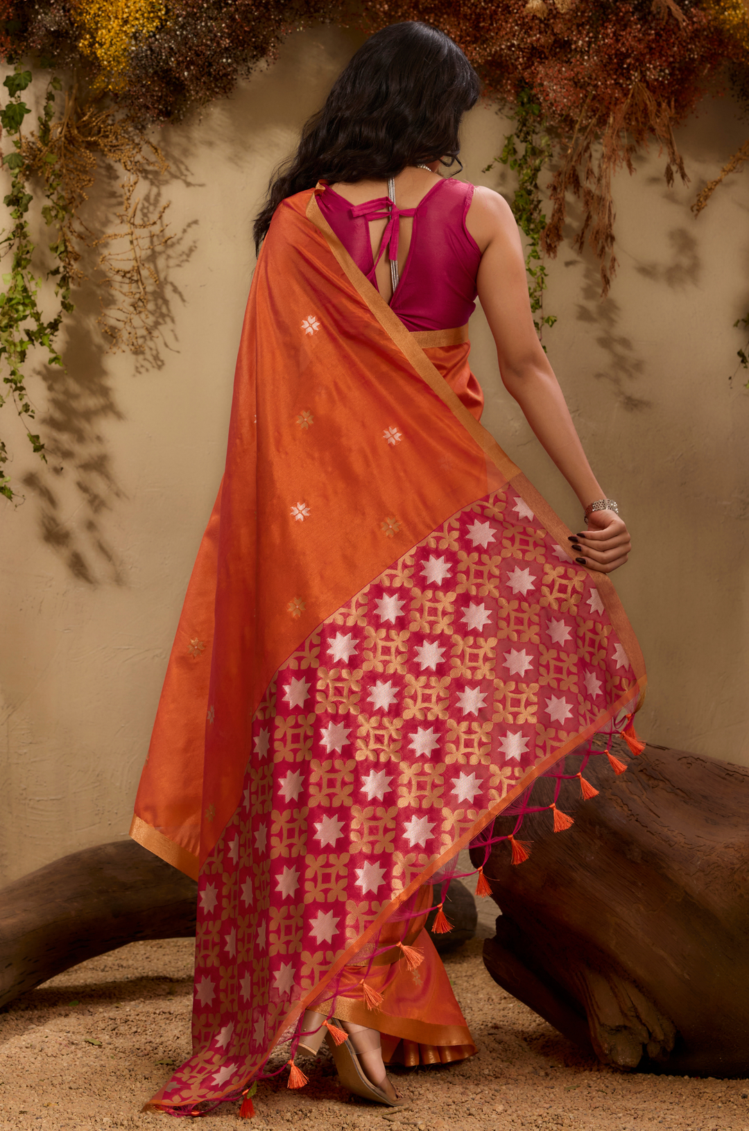 Orange Zarina Woven Tusshar Silk Saree
