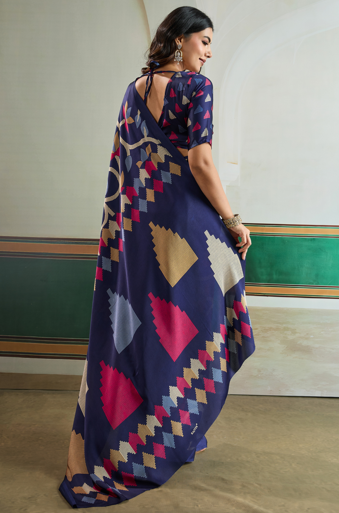 Navy Blue Vibrant Luxe Digital Ajrakh Print Saree