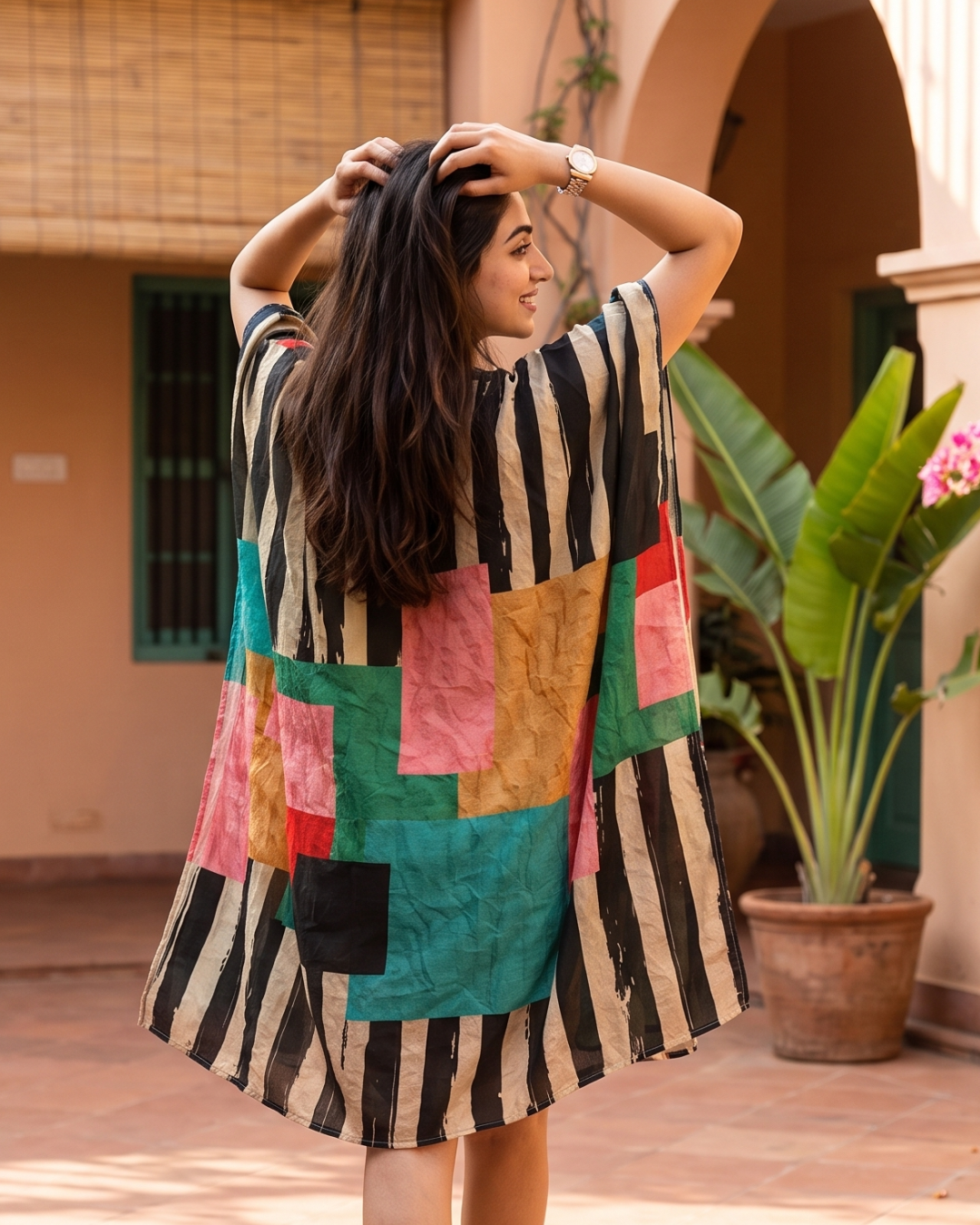 Mosaic Muslin Cotton Short Kaftan Dress