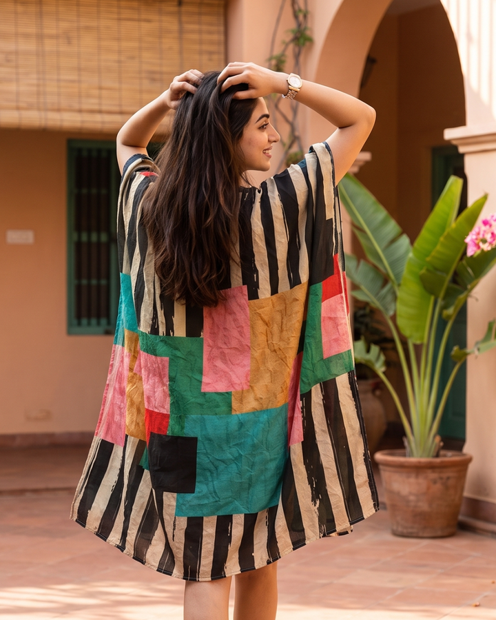 Mosaic Muslin Cotton Short Kaftan Dress