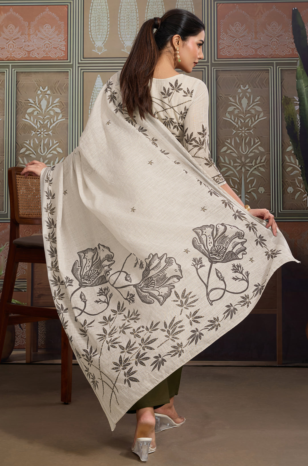 Muted Forest Linen Cotton Women Suit Set with Digital Print Dupatta