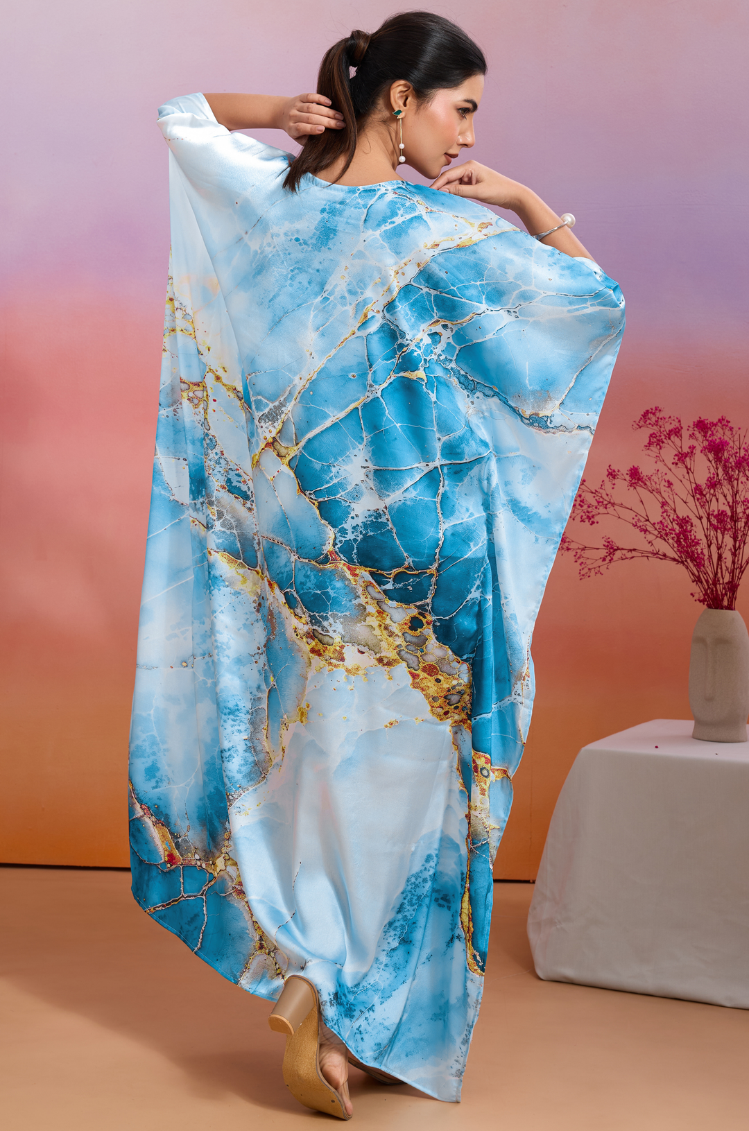 Skyline Marble Soft Satin Women Kaftan Dress with Digital Print