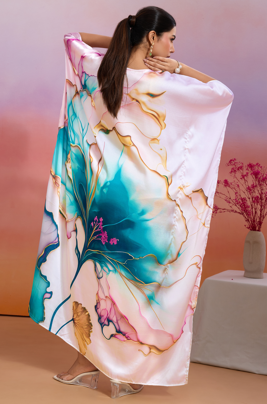 Ocean Tide Soft Satin Women Kaftan Dress with Digital Print
