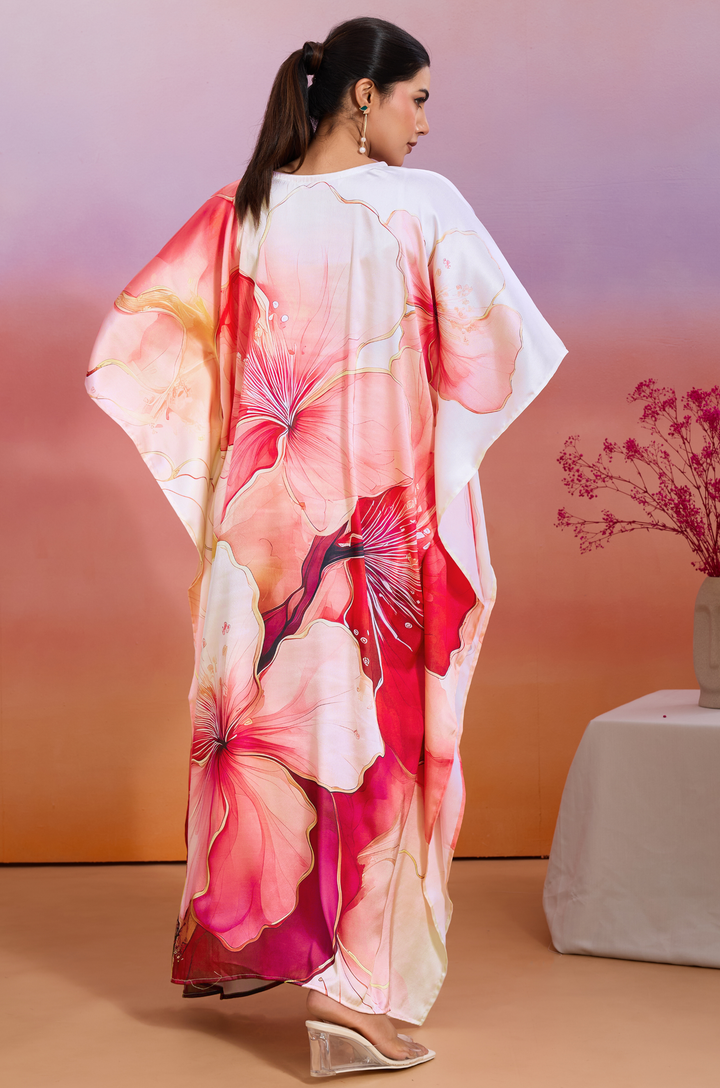 Aloha Bloom Soft Satin Women Kaftan Dress with Digital Print
