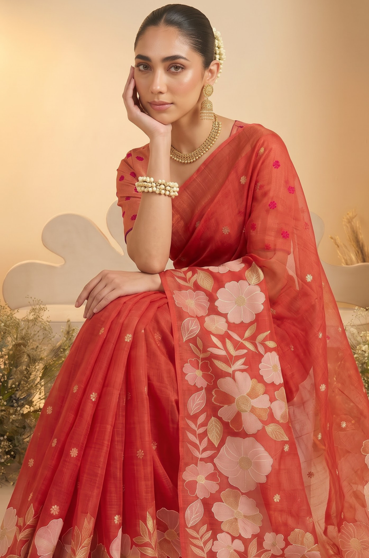Red Woven Jamdhani Cotton Saree | Madhuban Collection