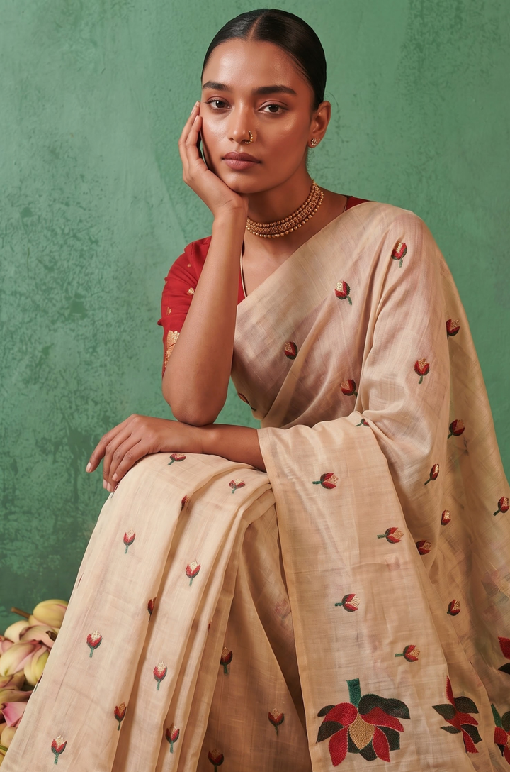 Red Woven Jamdhani Cotton Saree | Saadgi Collection