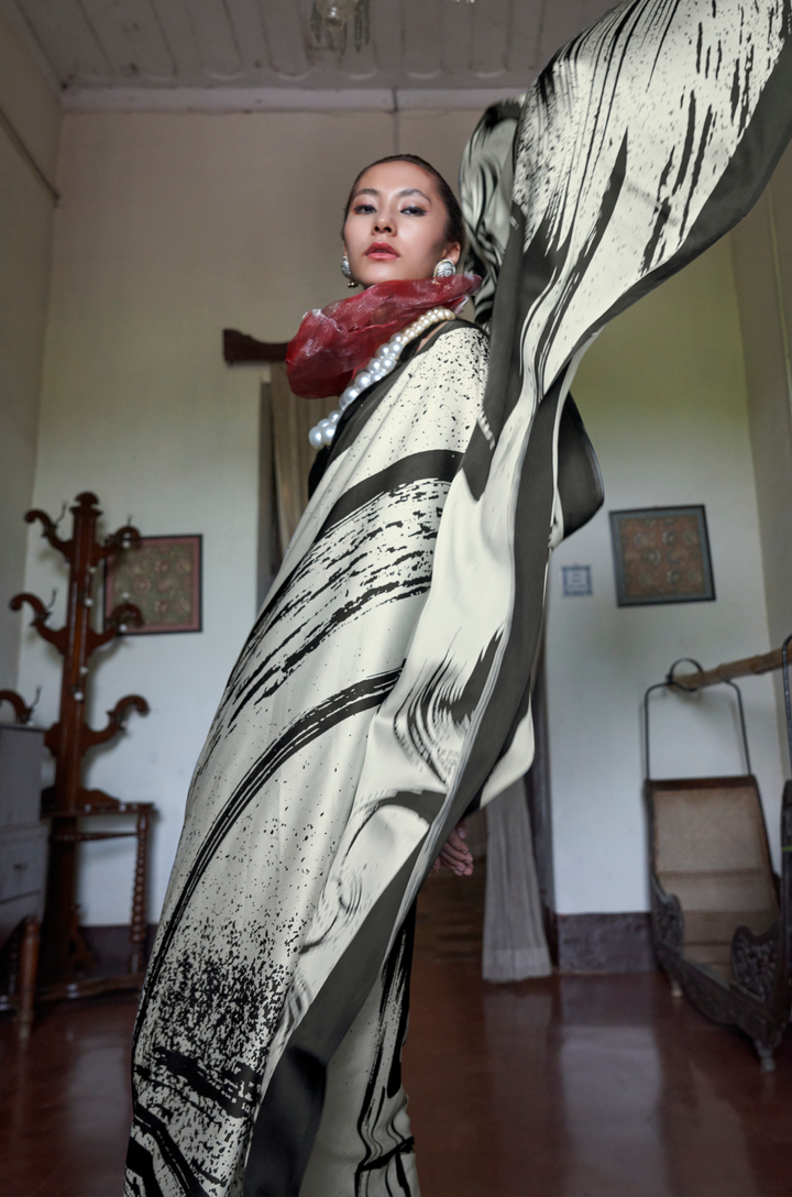 Grey-Black Linear Muse Digital Print Modal Satin Saree