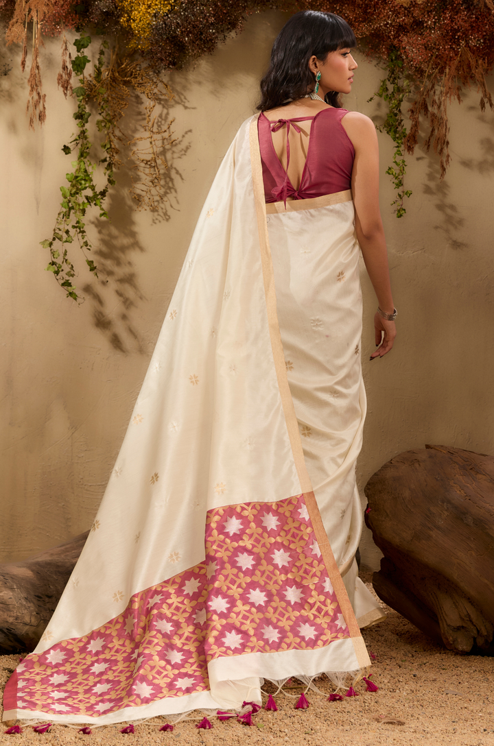 Cream Zarina Woven Tusshar Silk Saree