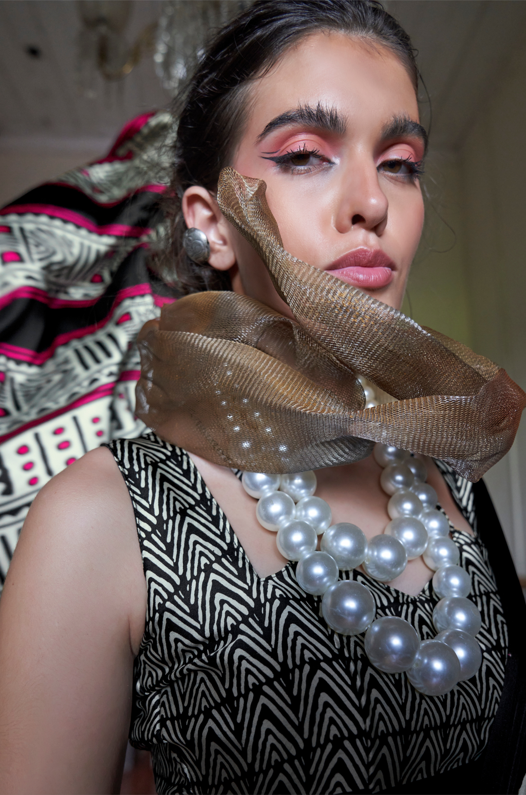 Pink-Black Linear Muse Digital Print Modal Satin Saree