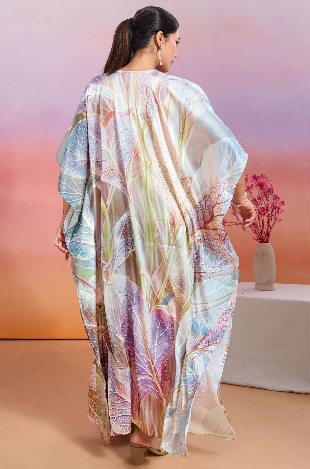 Maple Canopy Soft Satin Women Kaftan Dress with Digital Print