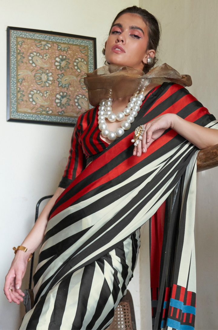 Red-Black Linear Muse Digital Print Modal Satin Saree