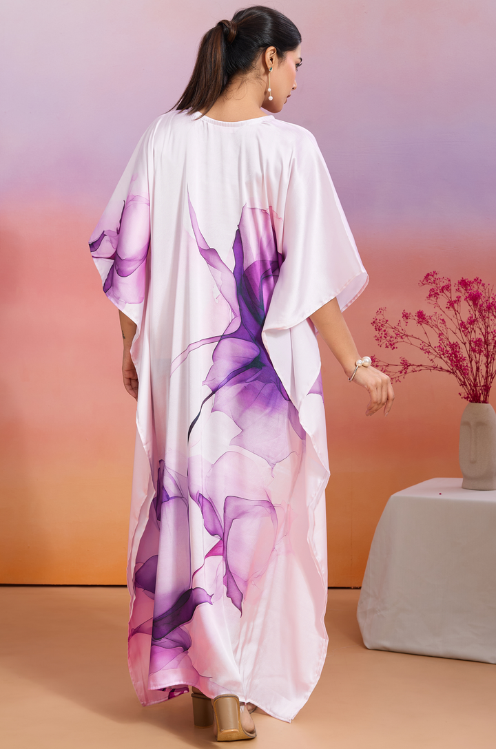 Lavender Haze Soft Satin Women Kaftan Dress with Digital Print