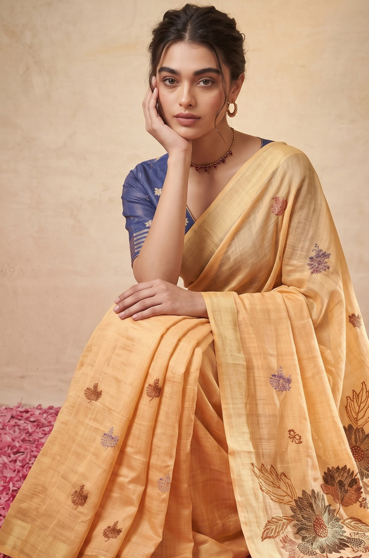 Light Peach Woven Jamdhani Cotton Saree | Gulnaar Collection