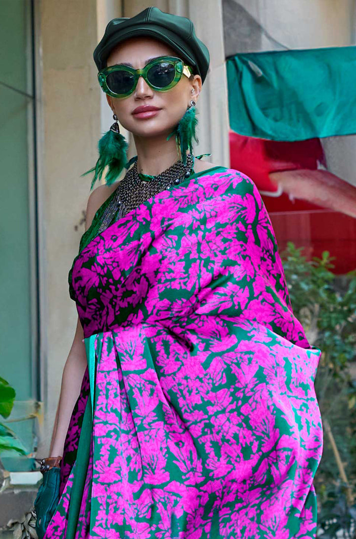 Hot Pink Fusion Play Digital Print Satin Crepe Saree