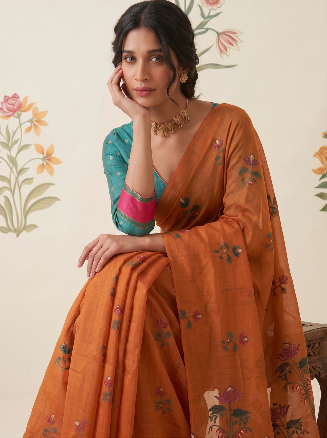 Tangerine Woven Jamdhani Cotton Saree | Braj Collection