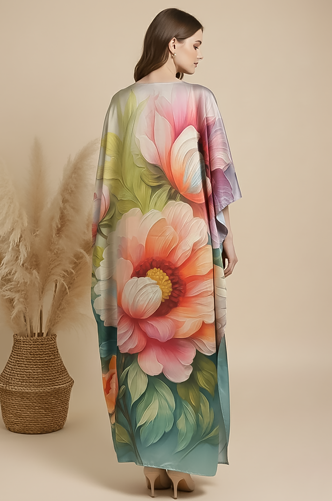 Misty Petals Soft Satin Women Kaftan Dress with Digital Print