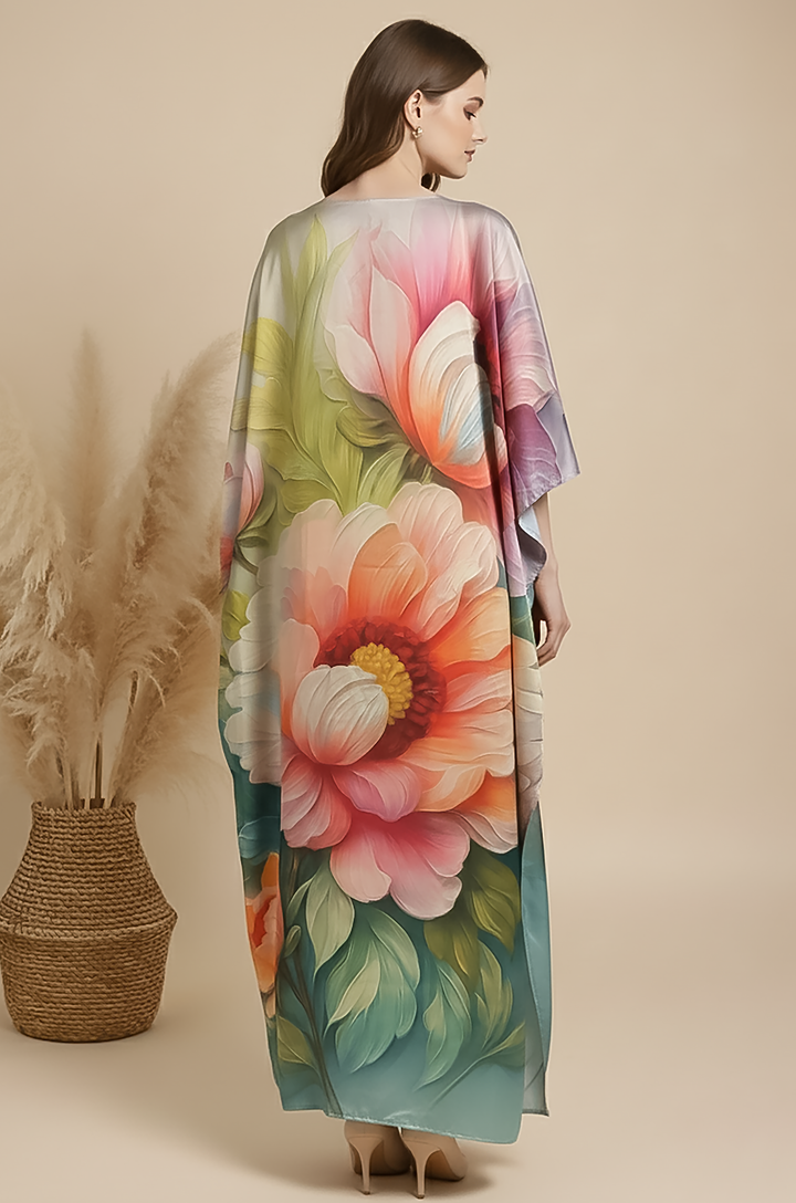 Misty Petals Soft Satin Women Kaftan Dress with Digital Print