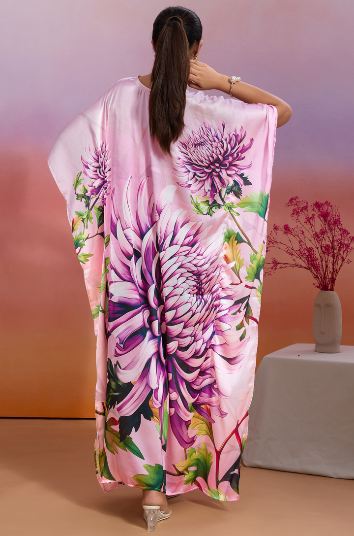 Coral Mist Soft Satin Women Kaftan Dress with Digital Print