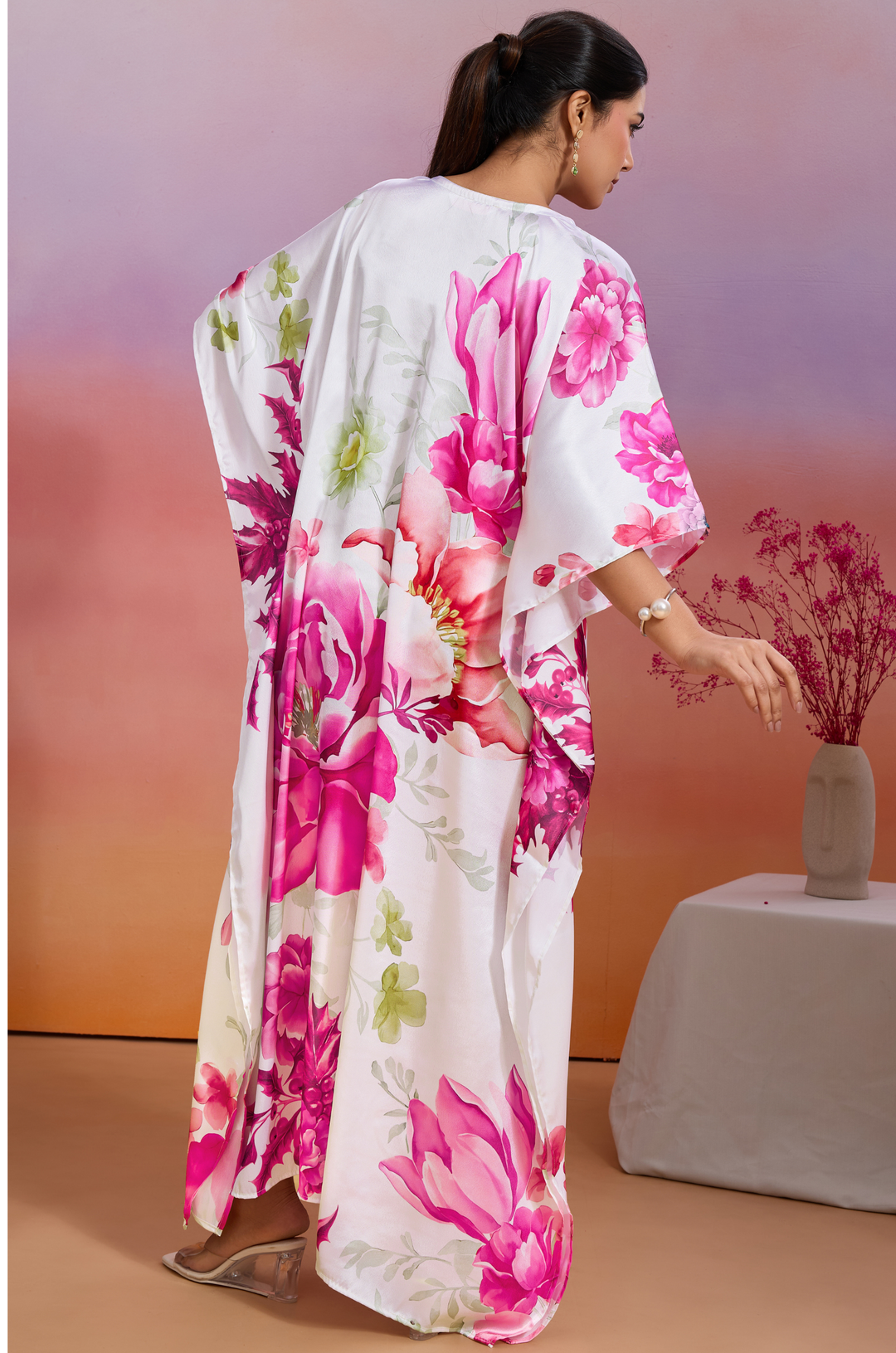 Roselle Glow Soft Satin Women Kaftan Dress with Digital Print