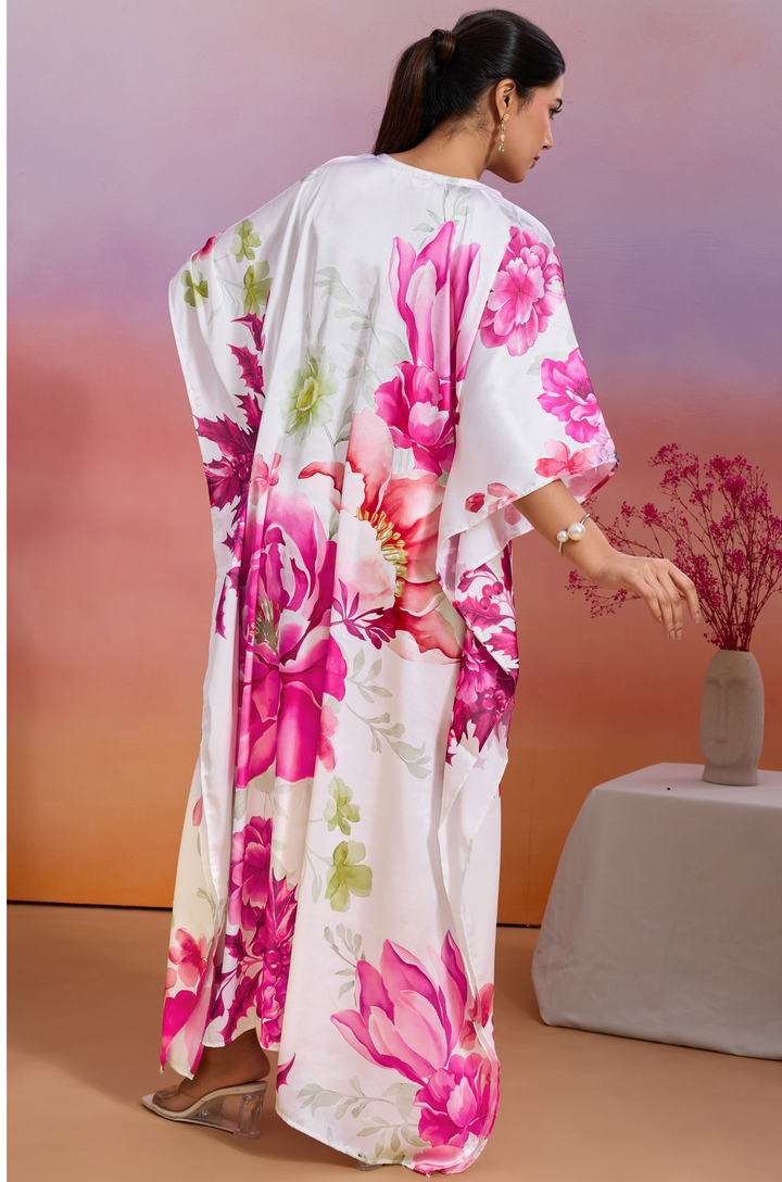 Roselle Glow Soft Satin Women Kaftan Dress with Digital Print