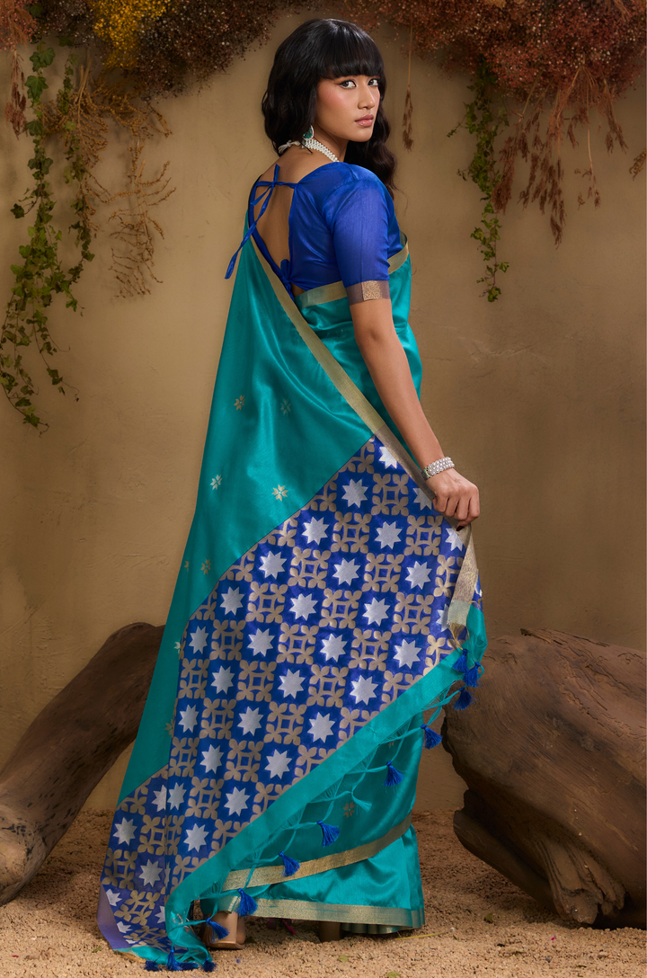 Blue Zarina Woven Tusshar Silk Saree
