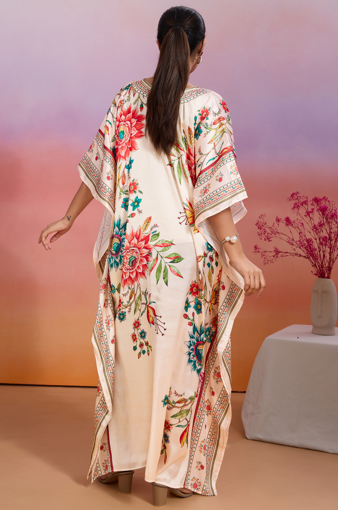 Retro Radiance Soft Satin Women Kaftan Dress with Digital Print