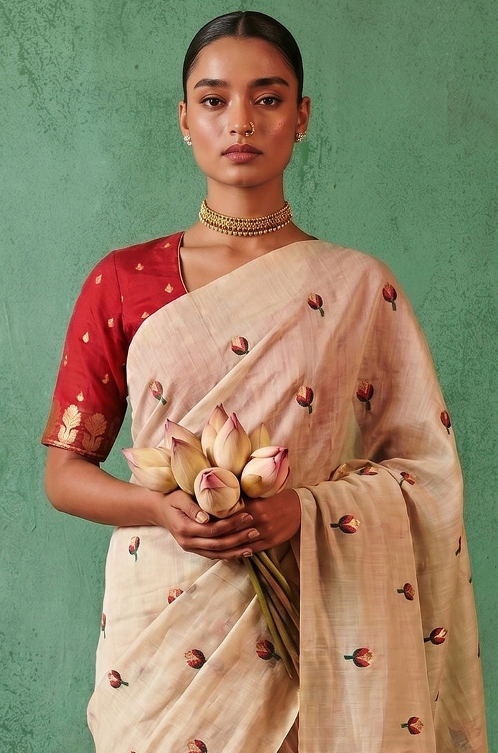 Red Woven Jamdhani Cotton Saree | Saadgi Collection