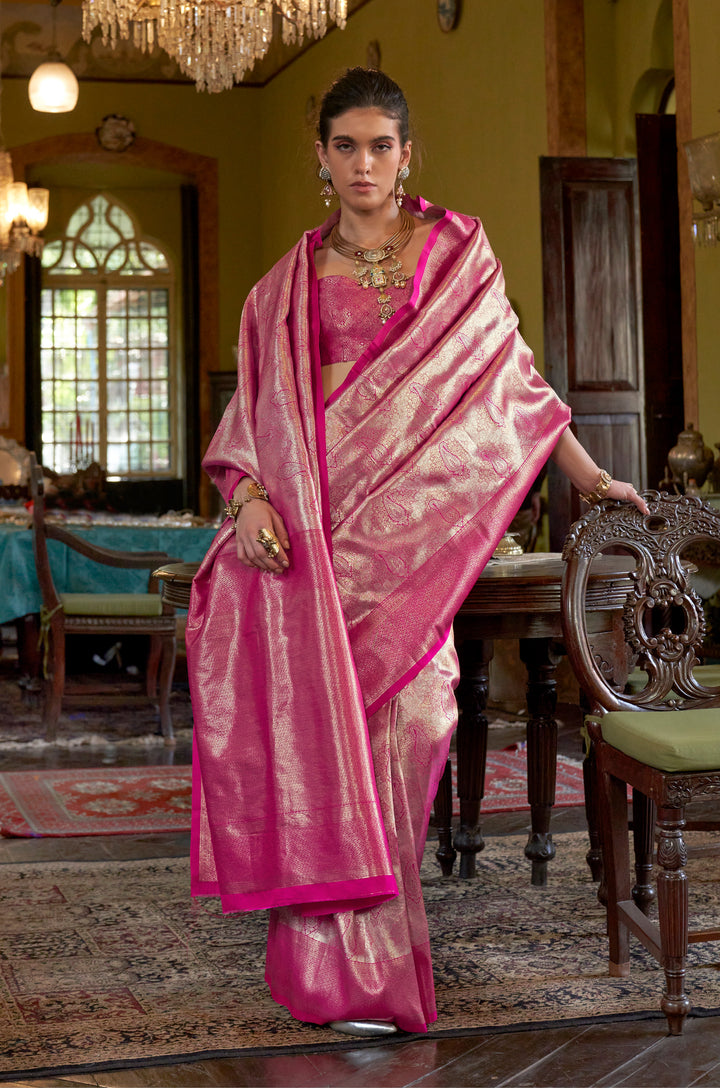 Pink Aura Sage Kanjivaram Woven Silk Saree
