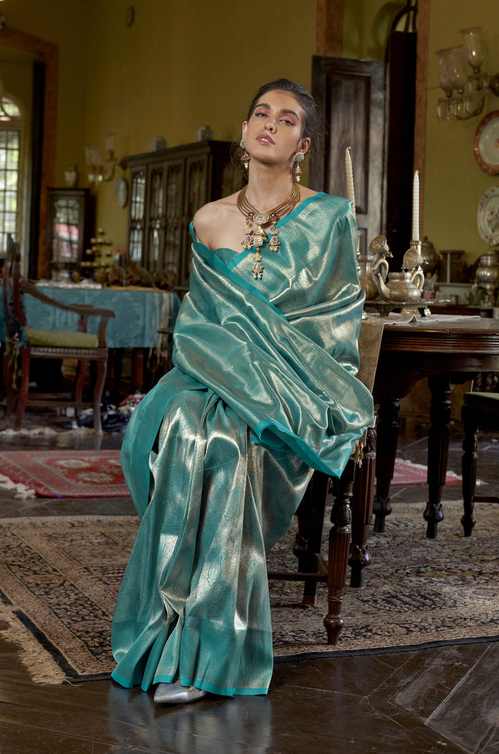 Blue Aura Sage Kanjivaram Woven Silk Saree