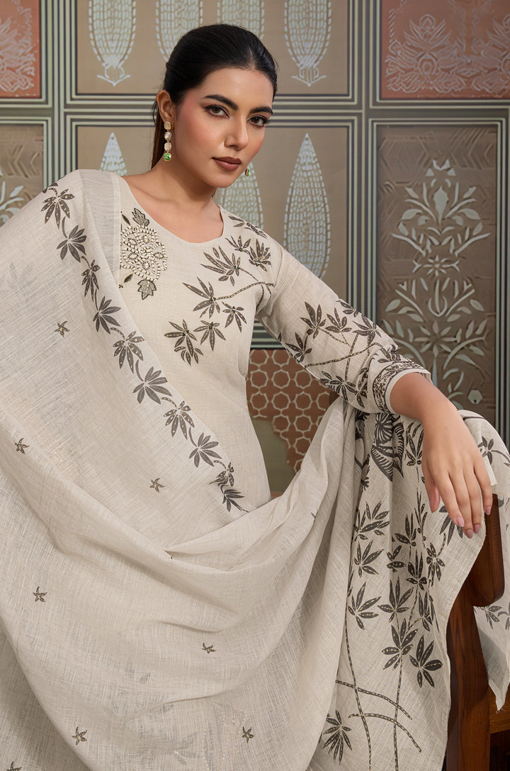 Muted Forest Linen Cotton Women Suit Set with Digital Print Dupatta